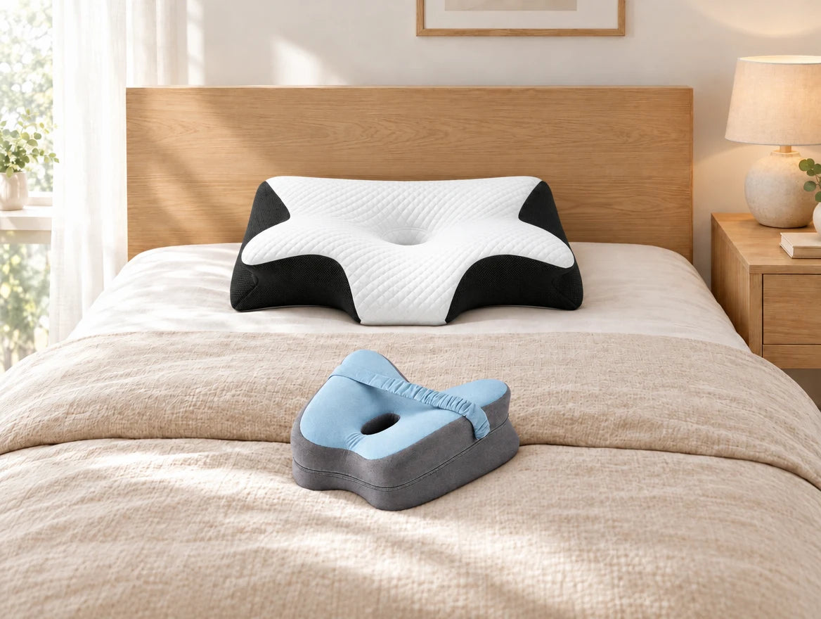 Nacken- und Kniekissen auf einem Bett
