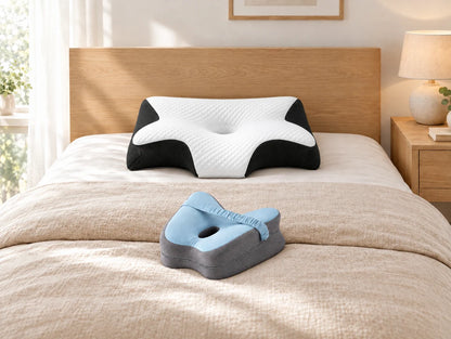 Nacken- und Kniekissen auf einem Bett