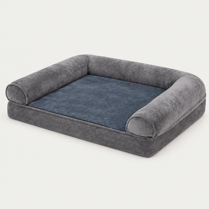 Graues orthopädisches Hundebett mit Rand