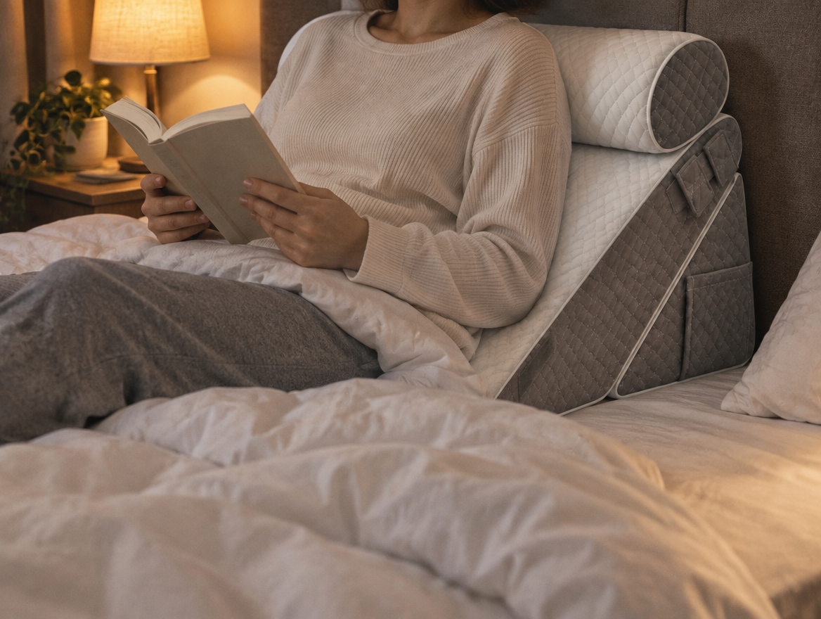 Frau liest im Bett, angelehnt an das Keilkissen-Set