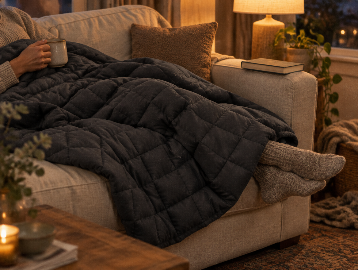 Frau mit Tee unter der Gewichtsdecke auf dem Sofa