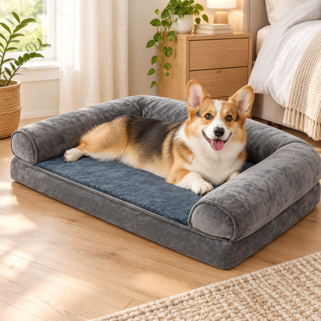 Corgi liegt im Hundebett in Größe M