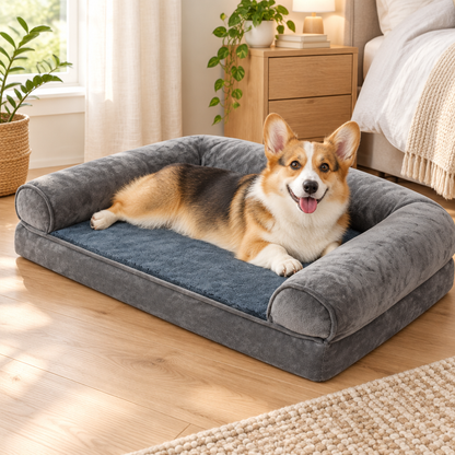 Corgi liegt im Hundebett in Größe M
