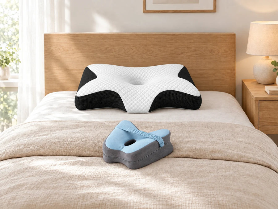 Nackenkissen und Kniekissen auf einem Bett